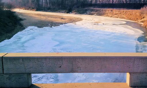 Ice at Little Blue River near Barnes, KS on Jan. 13, 2015. Photo by Dirk Hargadine, USGS.