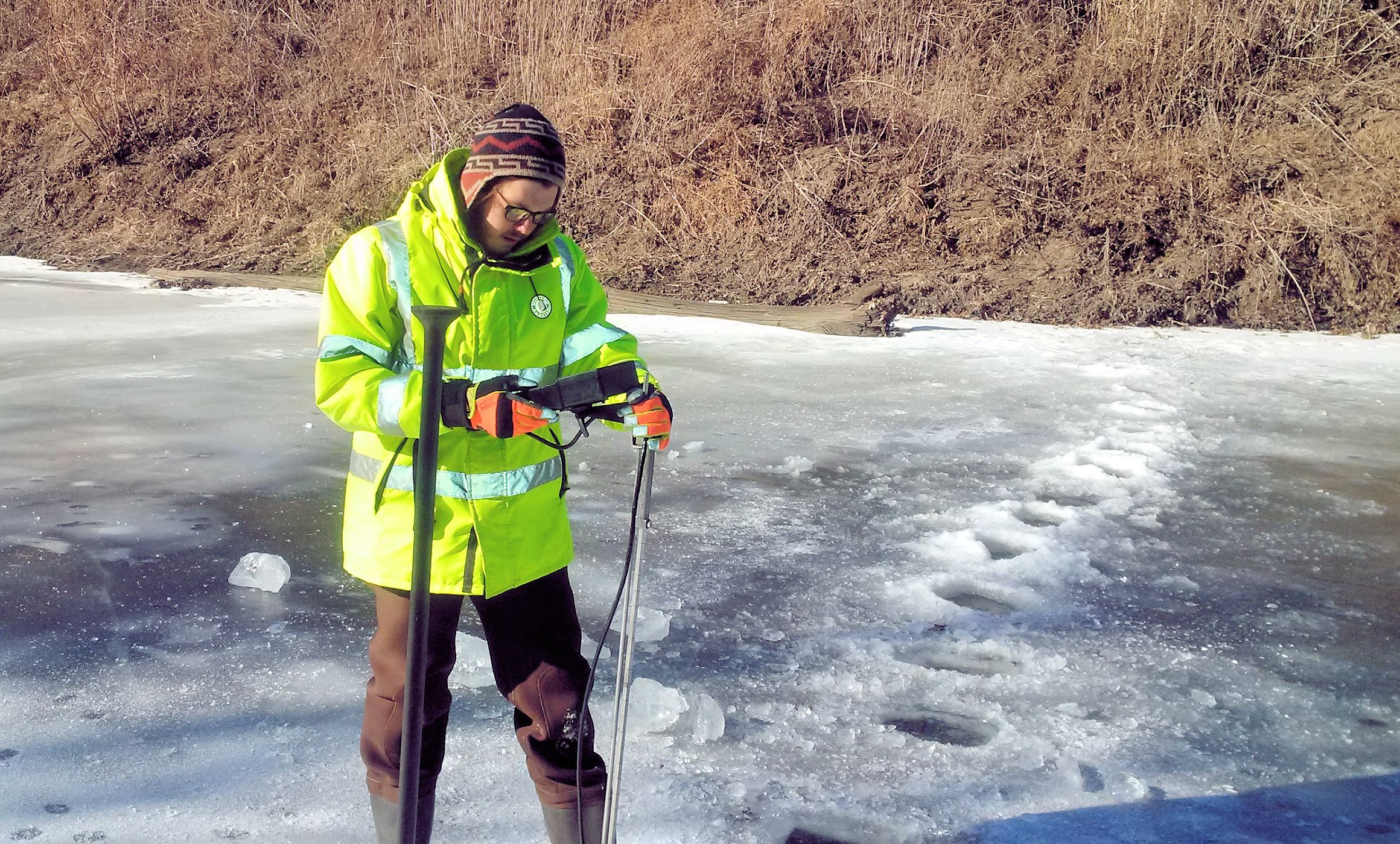 Ice measurement at Black Vermillion River near Frankfort, KS on Jan. 9, 2015. Photo by Dirk Hargadine, USGS.