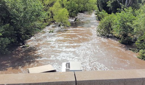 2,790 cfs at Neosho River near Parkerville, KS on May 27, 2016. Photo by Justin Louen, USGS.