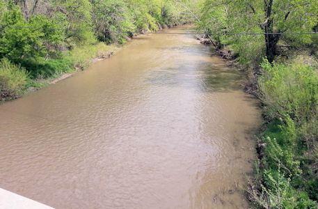 378 cfs at Neosho River at Burlingame Road near Emporia, KS on May 10, 2013. Photo by Anita Kroska, USGS.
