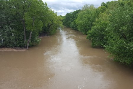 Downstream channel during high flow, 10,000 cfs on April 30, 2017. Photo by Madison May, USGS.