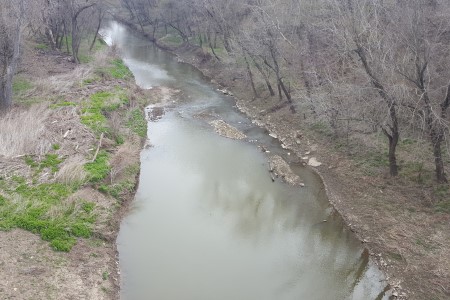 Downstream channel at low flow, April 11, 2018. Photo by Madison May, USGS.